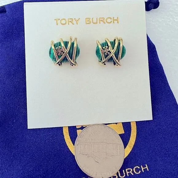 TORY BURCH LOGO MALACHITE & GOLD STUD EARRINGS - Picture 2 of 3